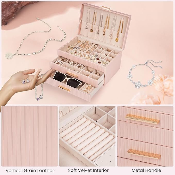 Dajasan Jewelry Box for Girls, Jewelry Organizers and Storage, Large Jewelry Organizer Box with 2 Drawers, Gift Idea for Christmas, Valentine's Day, Birthday, Mother's Day (Pink)