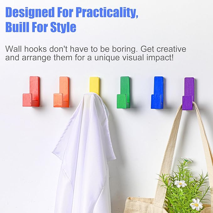 6 Pack Cute Kids Coat Wall Hooks Wooden Adhesive Decorative Colorful Wall Mounted Hangers Backpack Hooks for Hanging Keys Towel Clothes Bathroom Organization(Rainbow)