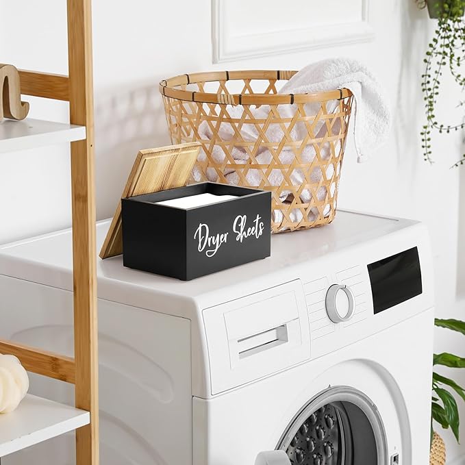 Dryer Sheet Holder, Wooden Laundry Sheets Container, Laundry Room Organization and Storage for Farmhouse Laundry Room Decor and Accessories, Fabric Sheet Holder, Black