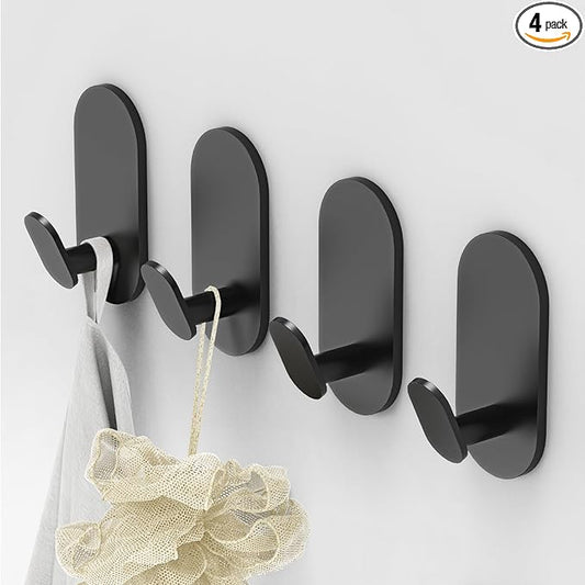 Adhesive Towel Hooks for Bathrooms 4 Pack Matte Black Stainless Steel and Zinc Alloy Sticky Wall Hooks for Hanging Heavy Duty Self Adhesive Robe Shower Hanger for Kitchen, Closet, Cabinet, Door