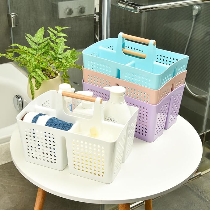 Portable Shower Caddy Basket with Compartments, Plastic Divided Cleaning Caddy Organizer Storage Tote with Handle for Bathroom, College, Dorm Room Essentials, Light Gray