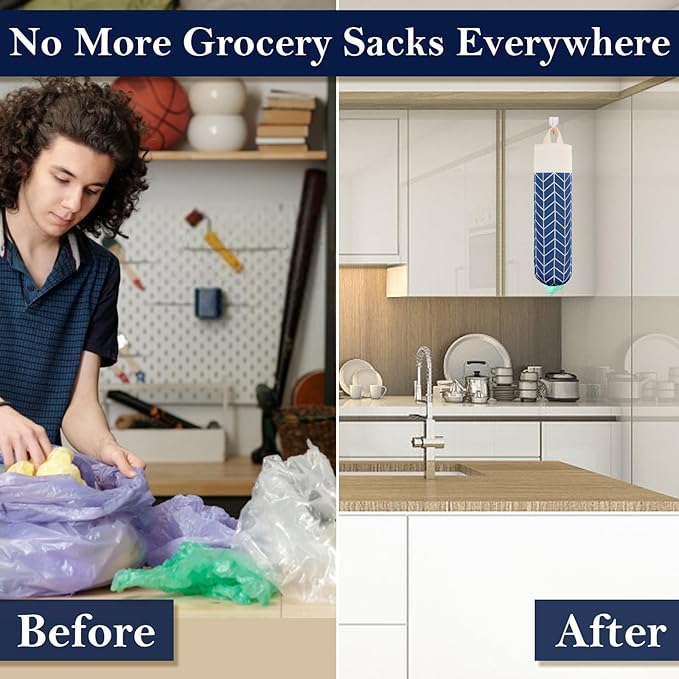 Canvas Grocery Bag Holder Dispenser, Wall Mount Shopping Trash Bag Storage Organizer (Classic Blue)
