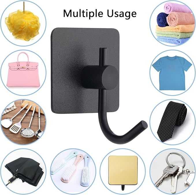 PMMASTO Towel Hooks - Heavy Duty Wall Robe Coat Hook for Hanging- Shower Hooks (Black, “ J ”Shape 6PC)
