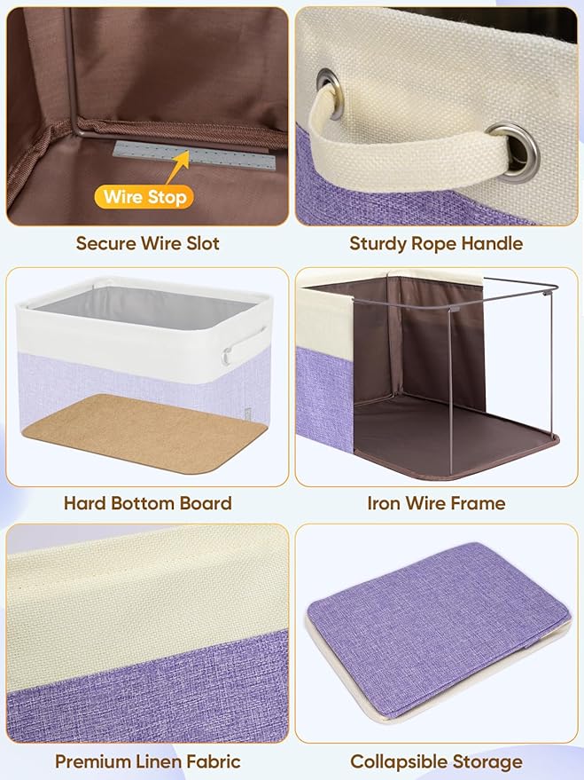 BALEINE 3 Pack Fabric Closet Storage Bins for Shelves, Linen Closet Organizers and Storage, Decorative Baskets for Organizing, Shelf, Clothes, Home, Office (Lavender, 17''x13''x10.5'')