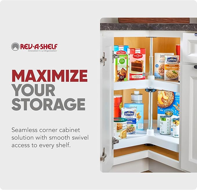 Rev-A-Shelf 2 Tier Kidney Cut Lazy Susan for Corner Base Cabinets, Plastic, 28" Double Shelf Swivel Kitchen Spice/Can Organizer, White, 3472-28-11-52