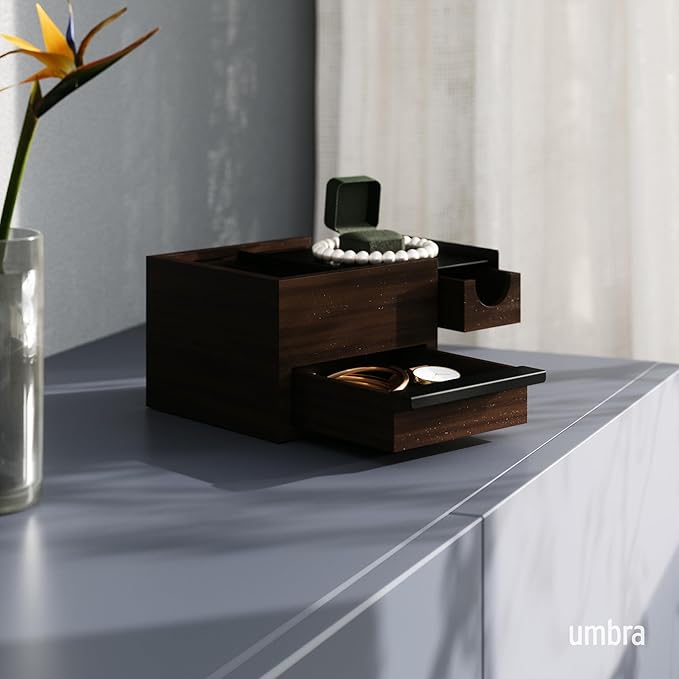 Umbra Mini Stowit Jewelry Box - Modern Keepsake Storage Organizer with Hidden Compartment Drawers for Ring, Bracelet, Watch, Necklace, Earrings, and Accessories, Black/Walnut