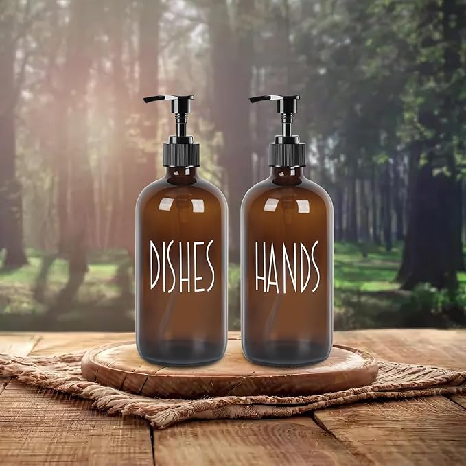 Dish Soap Dispenser with Plastic Pump for Kitchen - 16 OZ Glass Hand Soap Dispenser Set - Kitchen Bathroom Decor and Accessories (Dark Brown)