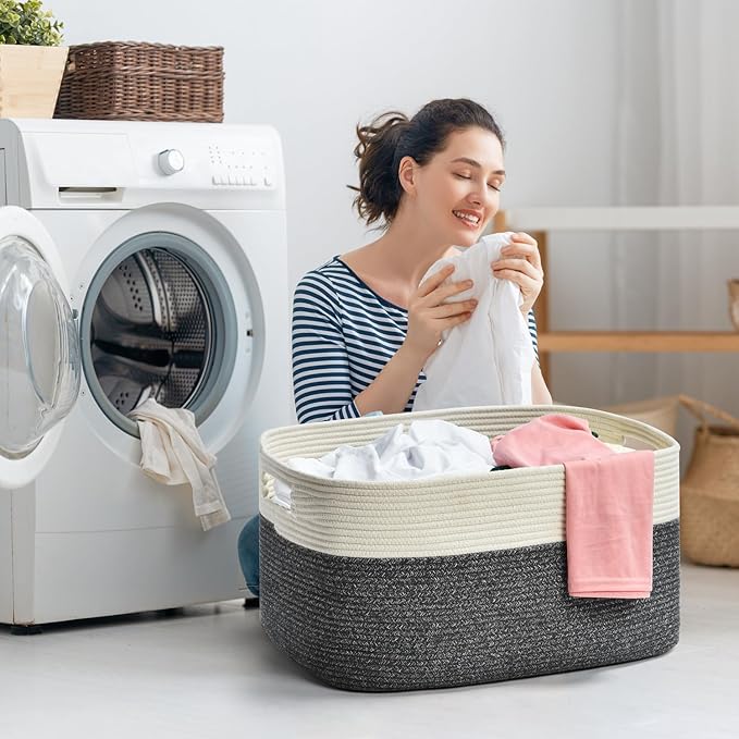 Large Blanket Basket, Rectangle Woven Baskets for Storage, Blanket Storage for Living Room, Cotton Rope Basket for Toys，Big Storage Basket for Blankets