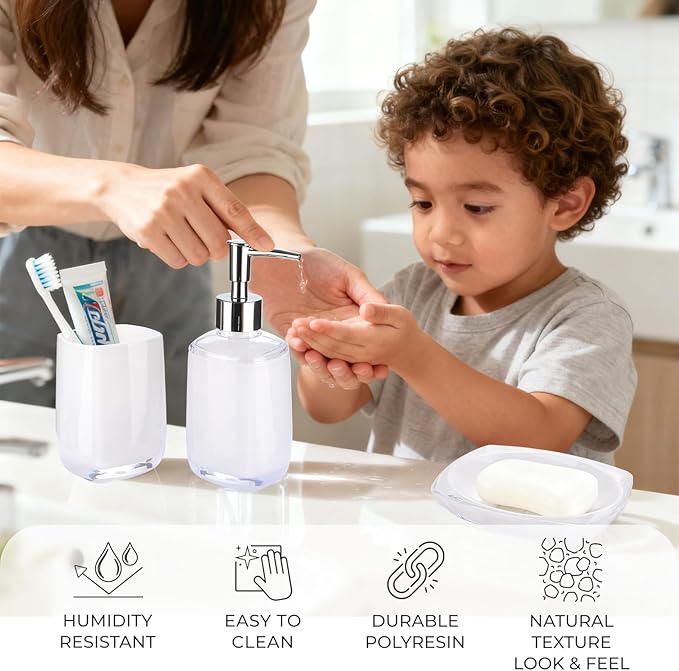 3 Pcs White Bathroom Accessories Set, Soap Dispenser, Soap Dish, Mouthwash Cup,Countertop Organizer Bathroom Sink Set,Boho Modern Bath Decor Gift for Home