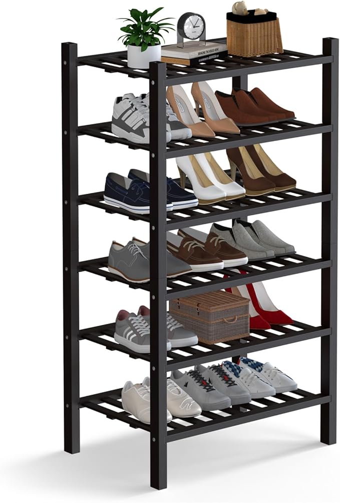 Haddockway Small 6 Tier Bamboo Shoe Rack Storage Organizer,Multifunctional Free Standing Stackable Shoe Shelf with Grid Panel for Closet,Hallway,Entryway,Small Space 18"x11"x34"