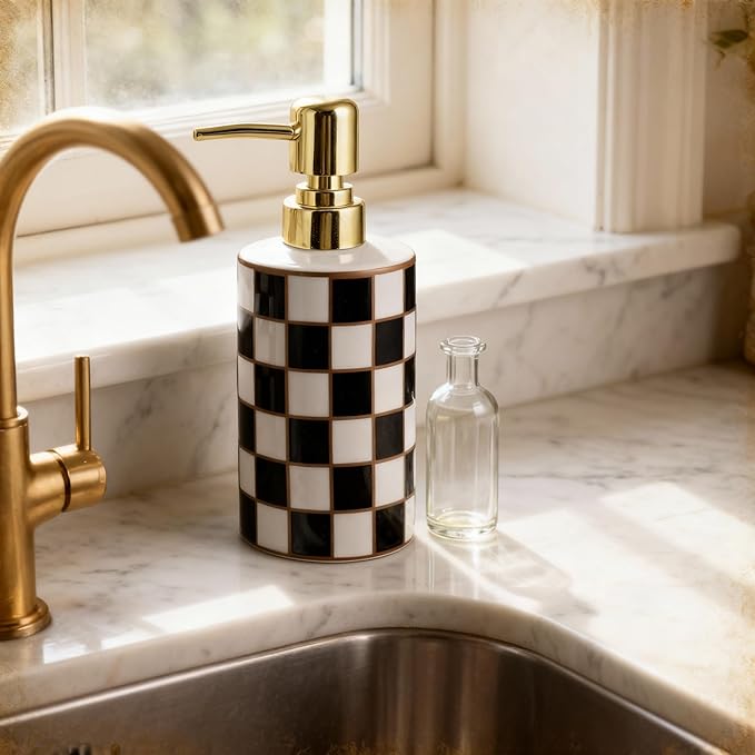 Checkered Bathroom Soap Dispenser,Gold Pump Ceramic Soap Dispenser,Kitchen Checkerboard Empty Pump Bottle,Bath Countertop Storage Organizer,Checkered Bathroom Decor (Black)
