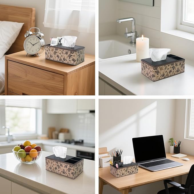 DreamsEden PU Leather Tissue Box Cover with Storage Tray, Multi-Functional Organizer for Tissues & Remote Control for Bedroom, Nightstand, End Table, Living Room