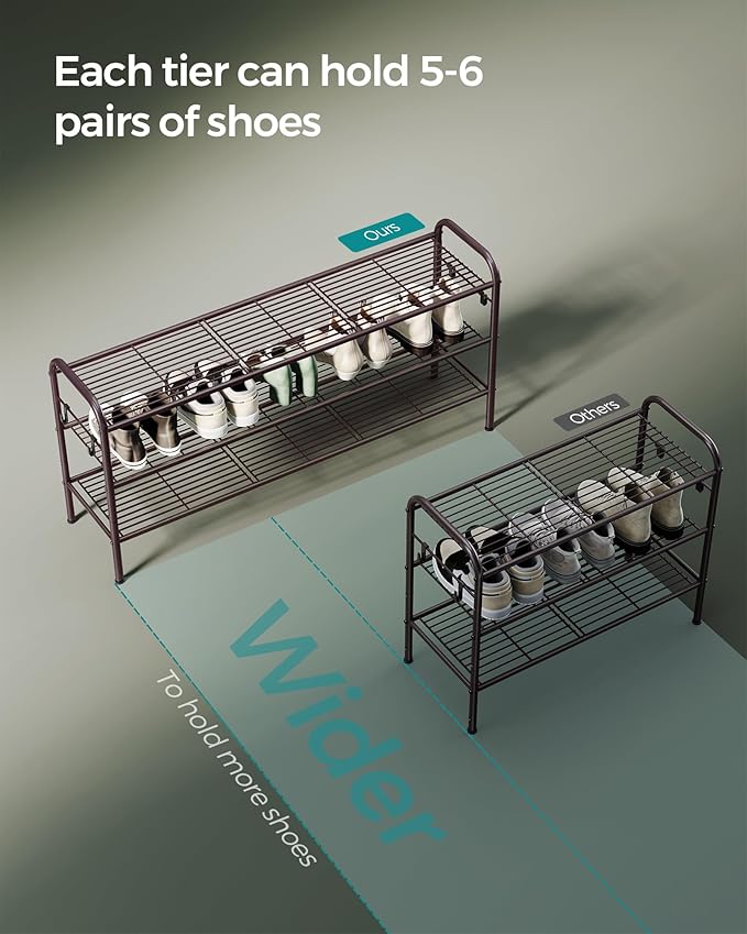 SONGMICS Shoe Rack, 3-Tier Shoe Organizer, Metal Shoe Shelf Storage with 4 Side Hooks, Holds 18 Pairs of Shoes, Height-Adjustable Shoe Rack for Entryway, Hallway, Closet, Chestnut Brown ULMR131A01