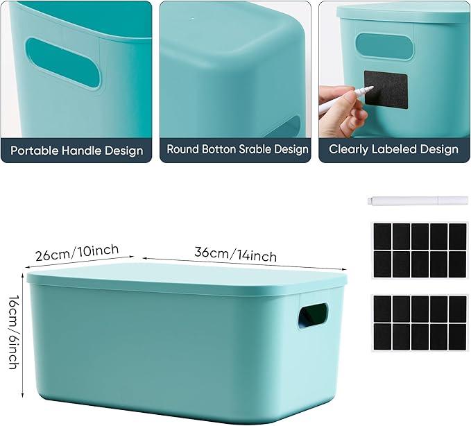 Plastic Storage Bins with Lid, Stackable Storage Containers for Organizing, Decorative Storage Baskets for Shelves Living Room Playroom Classroom Office (Medium 2PCS (Blue+Green))