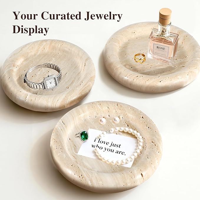 Natural Beige Travertine Vanity Tray - 8 Inch Round Stone Makeup & Jewelry Organizer Dish, Decorative Marble Tray for Bathroom Countertop, Coffee Table, Bedroom