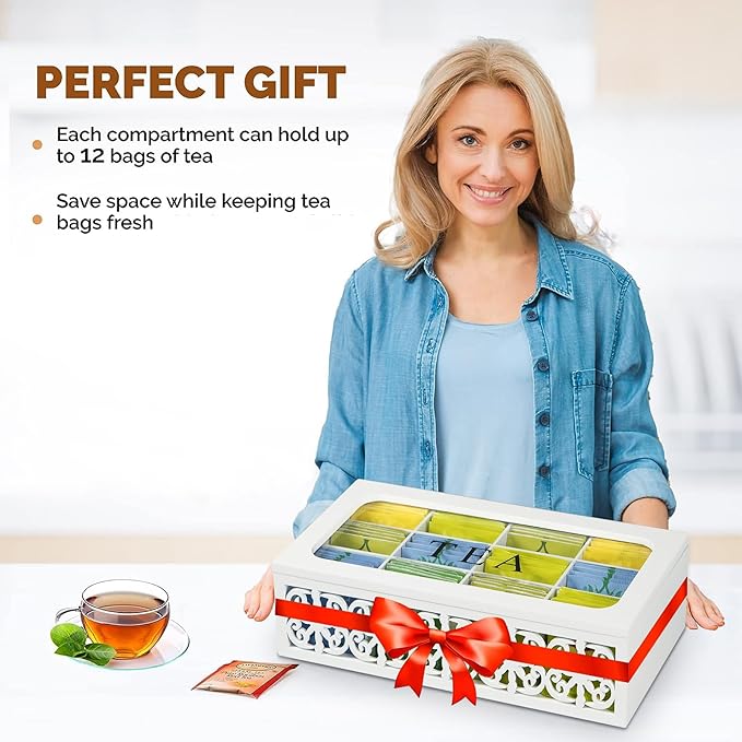 handrong Tea Box,Wood Tea Organizer and Storage,12 Compartments Tea Bag Holder Organizer with Clear Window for Countertop Kitchen Cabinet Pantry
