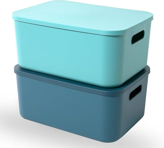 Plastic Storage Bins with Lid, Stackable Storage Containers for Organizing, Decorative Storage Baskets for Shelves Living Room Playroom Classroom Office (Medium 2PCS (Blue+Green))