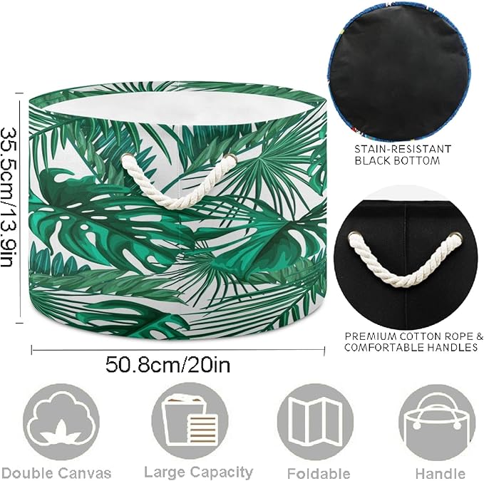 visesunny Storage Basket Tropical Palm Leaf Nursery Hamper Canvas Fabric Toy Storage Organizer Bin Storage Box Laundry Basket for Kid Rooms,Playroom,Shelves,Toy Basket