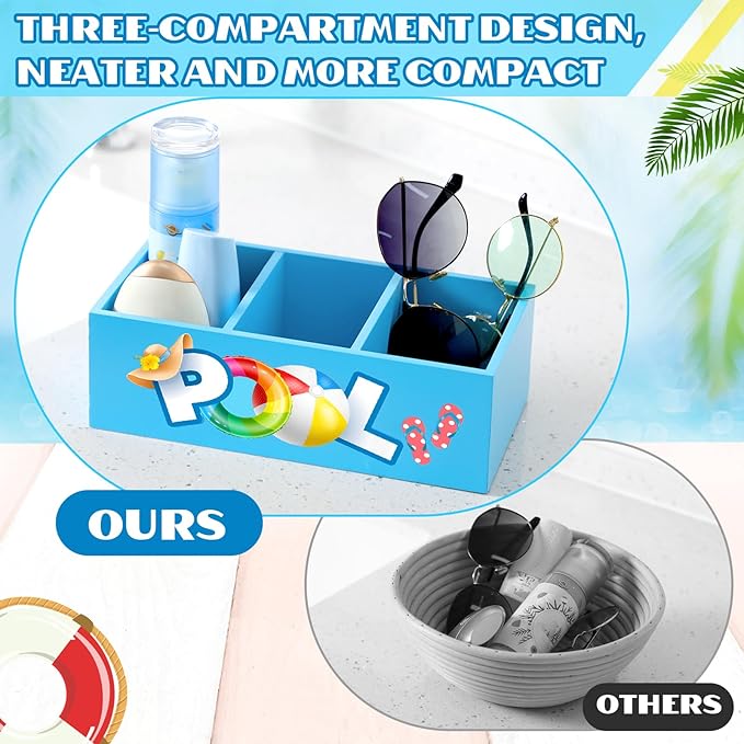 Pool Storage Basket Summer Swimming Pool Wooden Box with 3 Compartments Colorful Toilet Tank Tray for Indoor Outdoor Summer Beach Decor Sunblock Sunglasses Flip Flop Storage Box
