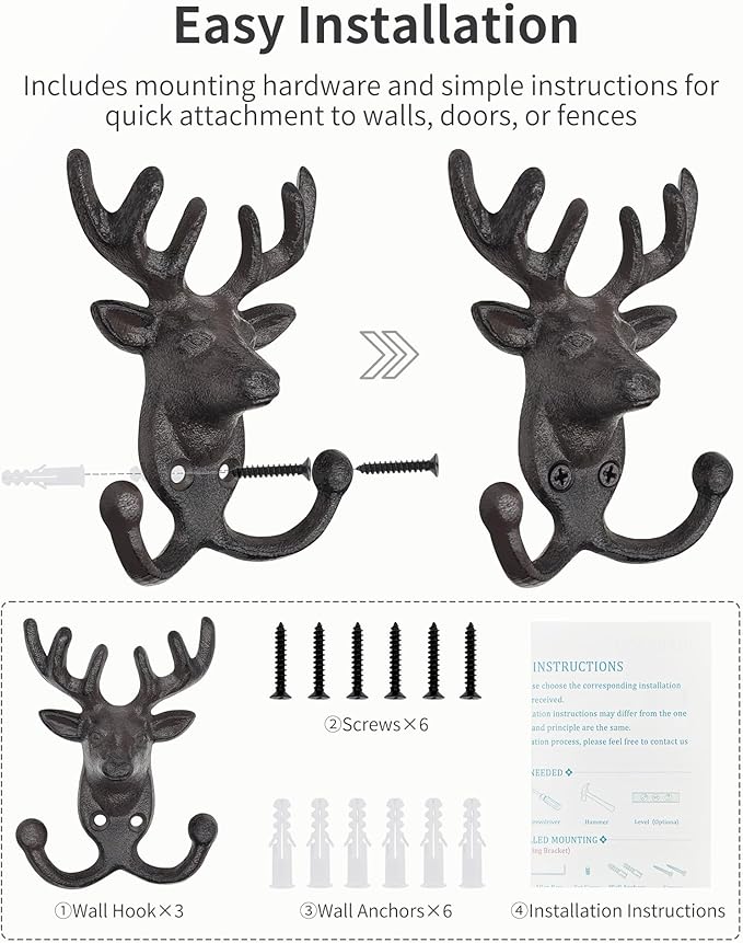 Rustic Deer Head Cast Iron Wall Hooks - Heavy Duty Decorative Coat Hooks Wall Mount for Hanging Key Hat Towel Leash, Vintage Animal Decor Hanger for Farmhouse Cabin Entryway Mudroom 3 Pack