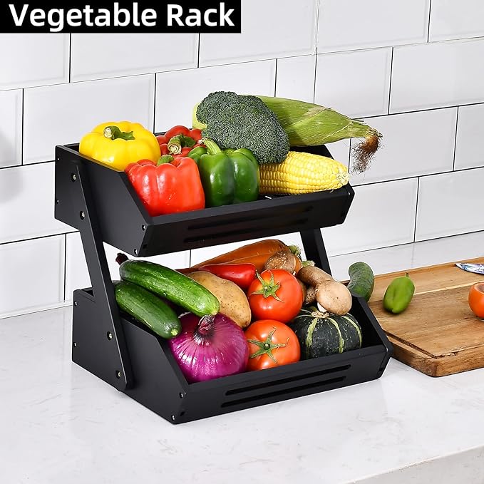Bamboo Fruit Basket, 2 Tier Fruit Bowl for Kitchen, Fruit Stand Holder for Fruit and Vegetables Storage, Idea Home Kitchen Countertop Organizer