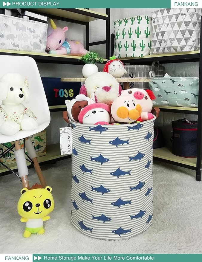 FANKANG Storage Basket, Nursery Hamper Canvas Laundry Basket Foldable with Waterproof PE Coating Large Storage Baskets for Kids Boys and Girls, Office, Bedroom, Clothes,Toysï¼Sharkï¼
