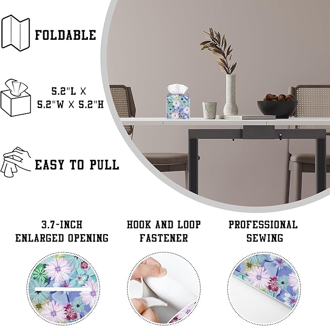 Tissue Box Cover Colorful Daisy Flowers Leather Tissue Box Holder Cube Paper Case Cover Facial Paper Organizer Dispenser for Bathroom, Vanity Countertop, Office Desk