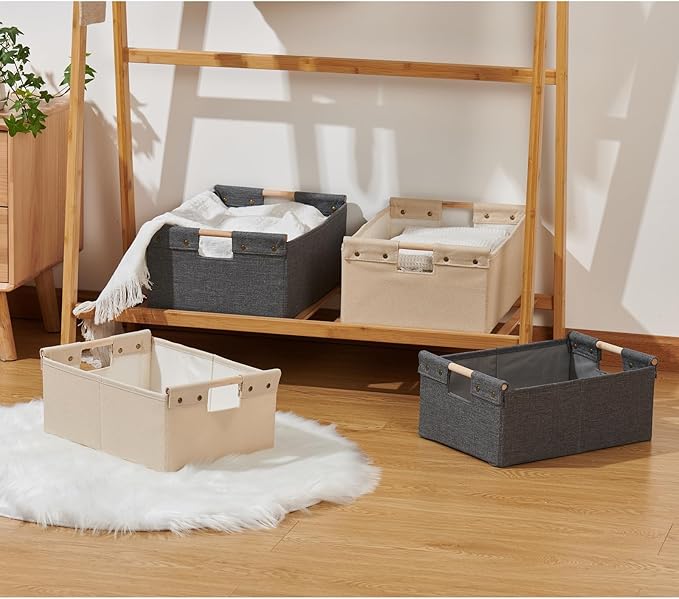 2PCS Storage Bins Cotton Linen Fabric Storage Boxes Basket with Wooden Handles Label Tag Foldable Washable Decorative Shelf Container Clothes Organizer Home Laundry - Large Size, Beige
