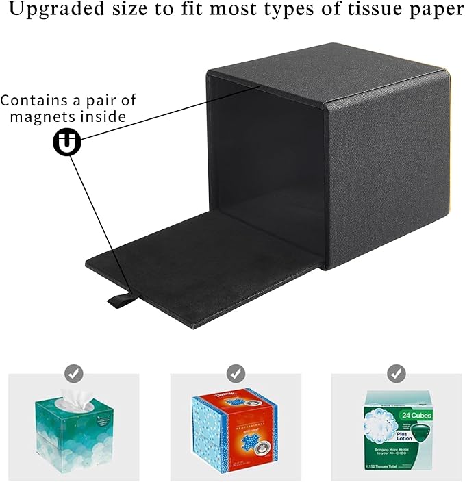 Linen Square Tissue Box Cover,Cube Tissue Box Holderï¼Excellent Rosegold Leather Decoration,Table Napkin Case Dispenser,Facial Tissues Organizer with Magnetic Bottom for Home Office Car(Black)