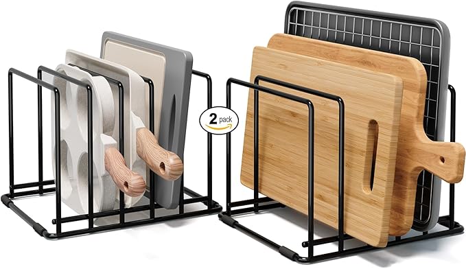 2-Pack Baking Sheet Organizer Rack â 5-Slot Bakeware & Cookie Tray Holder for Kitchen Cabinet or Countertop, Stainless Steel Cutting Board Rack with Rust-Resistant Frame & Anti-Slip Feet