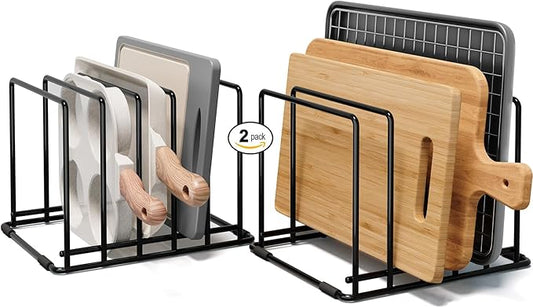 2-Pack Baking Sheet Organizer Rack â 5-Slot Bakeware & Cookie Tray Holder for Kitchen Cabinet or Countertop, Stainless Steel Cutting Board Rack with Rust-Resistant Frame & Anti-Slip Feet
