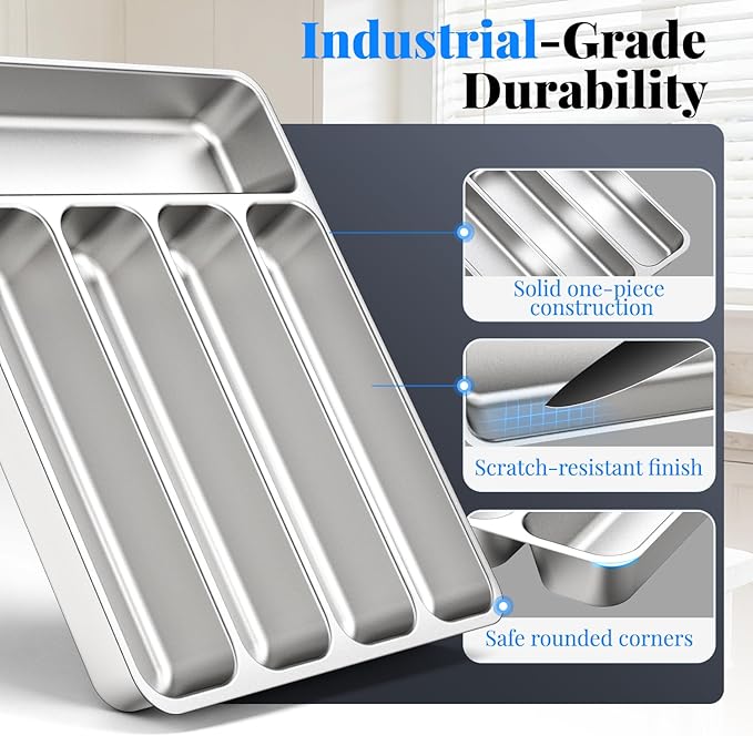 IKOCO 2-Pack Silverware Organizers Stainless Steel Kitchen Drawer Organizer with 5 Compartments, Dishwasher Safe for Spoons Forks Knives (13.8”x11.4”, Silver)