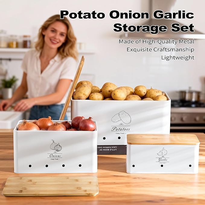 Potato Onion and Garlic Storage Bin Set of 3, White Metal Kitchen Vegetable Canisters with Bamboo Lid and Aerating Holes, Stackable Kitchen Storage Tin for Countertop Pantry
