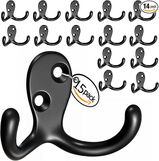 Coat Hooks Wall Hooks for Hanging - 15 Pack Black Double Prong Hook Wall Mounted - Great for Living Room, Bedroom, Entryway, Closet for Coat, Bag, Towel, Hat, Key, Cup, Heavy-Duty, Easy to Install