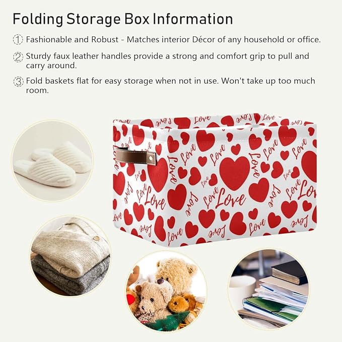 Large Foldable Storage Basket,Valentines Hearts and Love Storage Bin Fabric Collapsible Organizer Bag with Handles 15x11x9.5 inch