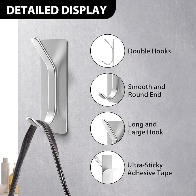 Adhesive Wall Hook for Towel, Coat, Extra Sticky 8LB Stainless Hook, Stick on Hanger for Bath or Shower, Silver 4-Pack