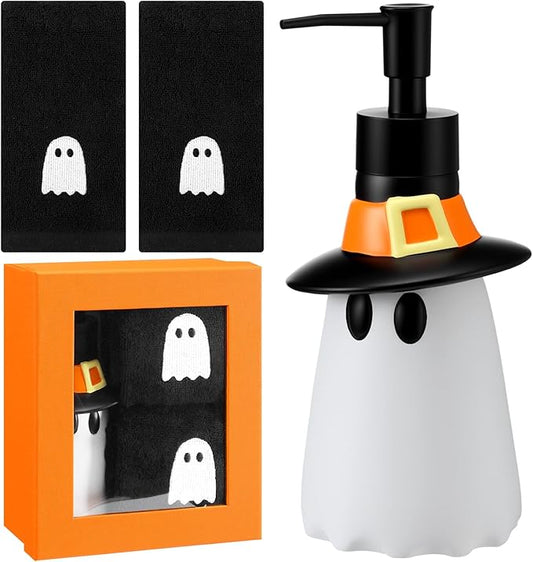 4 Pcs Halloween Bathroom Accessories Ghost Soap Dispenser Lotion Pump Halloween Hand Towels Fingertip Towels with Gift Box Set for Home Bath Kitchen Decoration(Black White, Ghost)