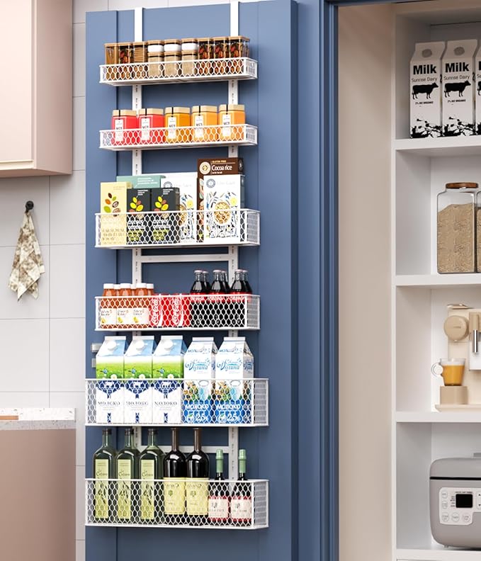 6-Tier Over The Door Pantry Organizer,Hanging Spice Rack with Adjustable Basket,Over Door Racks,Pantry Organization And Storage, Laundry Room,Bathroom,Large Capacity,D5.3xW15.7xH60.9in