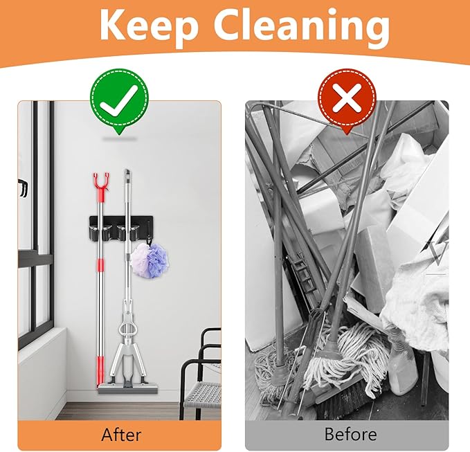 CEYAZYE 3Pack Broom & Mop Holder Wall Mount Organizer, Stainless Steel Broom & Mop Hanging Command Utility Tool for Garage, Storage, Home, Kitchen, Garden, Laundry Room (6 Racks & 3 Hooks, Black)