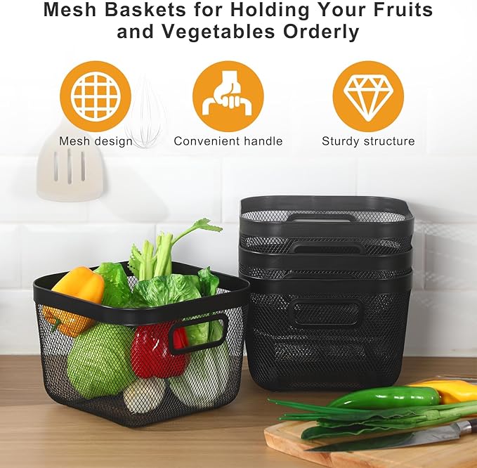 6 Pack Metal Mesh Basket with Hollow Handles Black Wire Storage Bin for Organizing Stackable Metal Fine Mesh Basket for Pantry Bathroom Kitchen Cabinets Shelves (Medium)