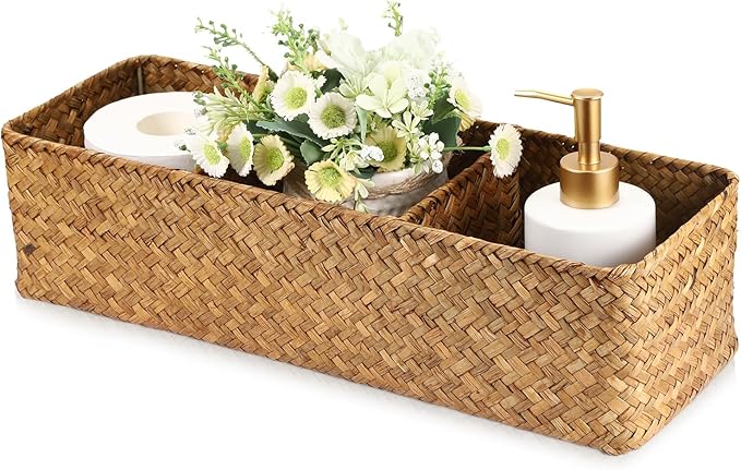 Seagrass Shelf Basket with Dividers, Rectangular Woven Storage Baskets for Organizing, Decorative Wicker Narrow Basket Tray with 3 Sections for Shelves, Toilet Tank, Bathroom Counter