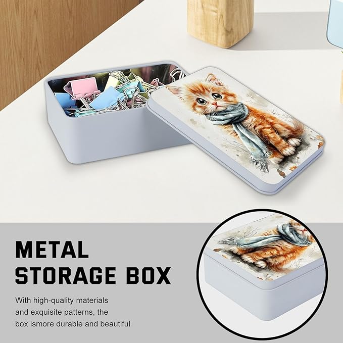 Metal Tin Box with Lid,Multi-functional Storage Box Can Store Tea Biscuits Game Cards, Playing & Tarot Cards-Comes with 4 Magnetic Cord Clips,Kitten with Blue Scarf