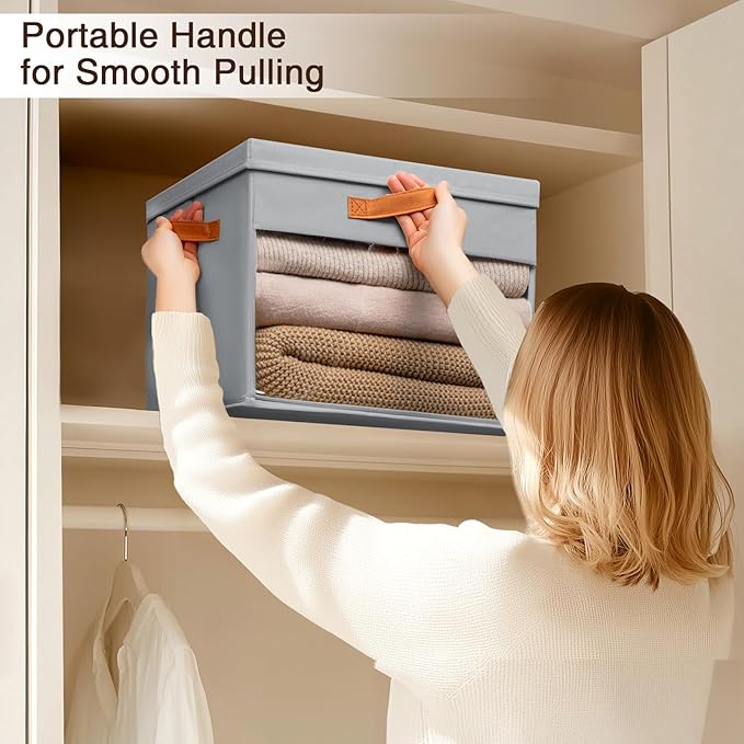 Large Storage Bins with Lids - 4 Pack Foldable Decorative Organizers with Clear Windows & Handles, Cube Storage Organizers for Clothes, Blankets, Sweaters, Sheets, Grey