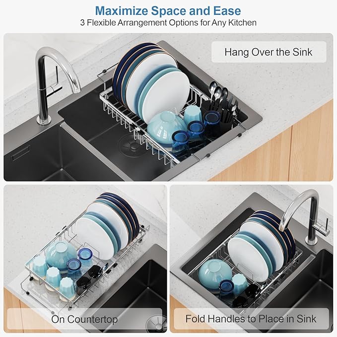 GSlife Expandable Over The Sink Dish Drying Rack - Stainless Steel Heavy Duty Dish Drainer with Square Corners, Rust Resistant with Lock Knob, Fit for Modern Single & Double Sinks, Black