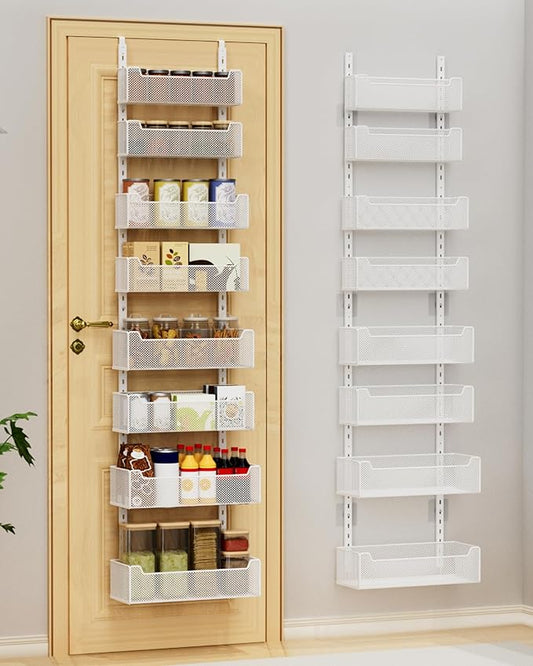 Over the Door Organizer, 8-Tier Pantry Organizer with Fully Enclosed Mesh Baskets, Heavy-Duty Metal Hanging Spice Rack for Kitchen Bathroom Laundry Room, 2-in-1 Wall Mount or Door Mount, White