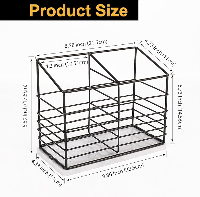 Utensil Holder for Kitchen Counter, Metal Utensil Holder Rack for Kitchen Countertop, Cooking Tools Storage for Spatula, Utensil Organizer with Marble Base, and Drainage Hole (Black Marble)