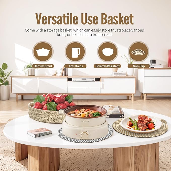Hot Pads for Kitchen & Quartz Countertops – 6-Pack 8-Inch Cotton Trivets for Hot Dishes, Pots and Pans, Machine Washable Farmhouse Kitchen Decor with Storage Basket
