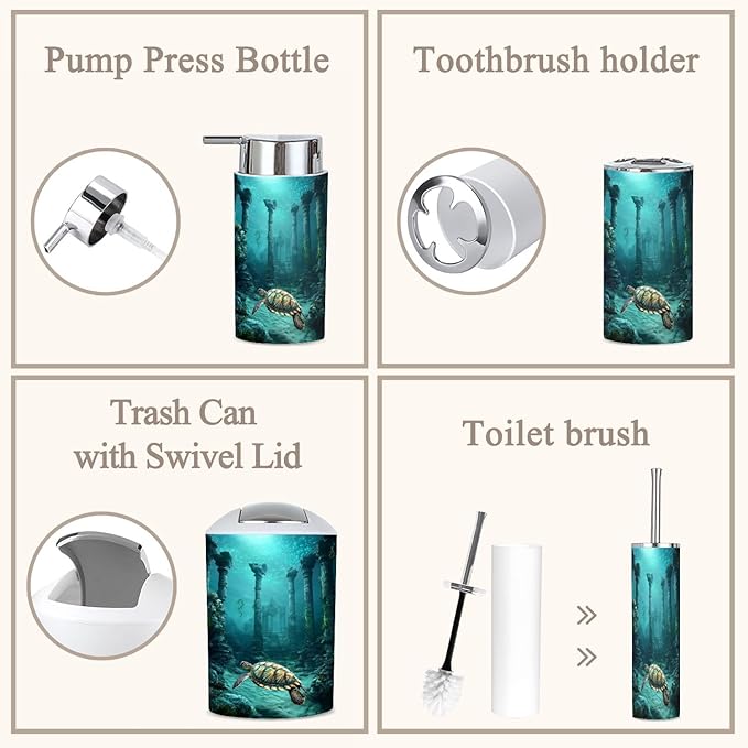 6 Piece Bathroom Accessories Set Bioluminescent Sea Turtle Underwater Surrealism Trash can Toilet Brush Holder Toothbrush Holder Toothbrush Cup Soap Dispenser Soap Dish for Home
