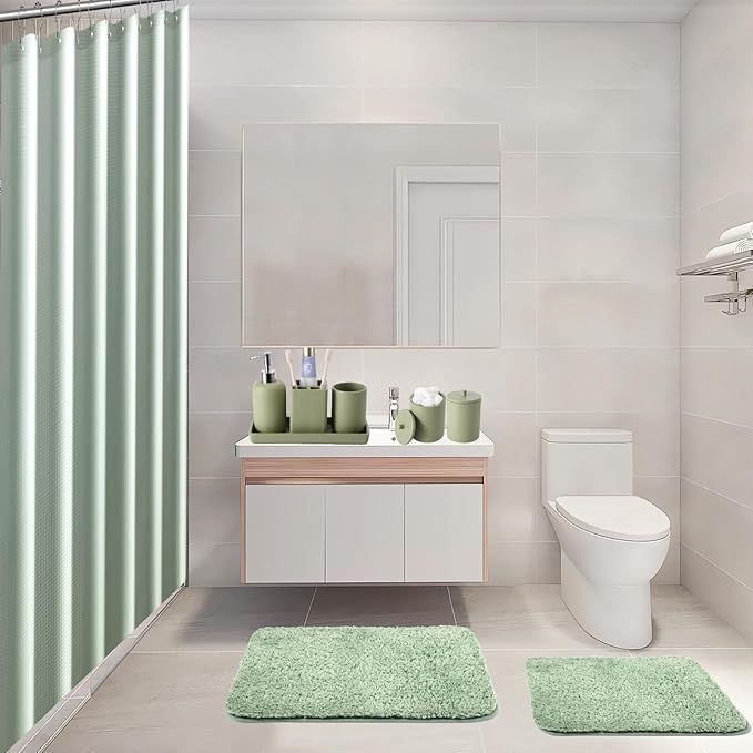Sage Green Bathroom Accessories Set with Shower Curtain and Mats, 21 Pcs Resin Toothbrush Holder Sets with Holder and Lotion Soap Dispenser,Bathroom Countertop Organizer Set for Home Apartment