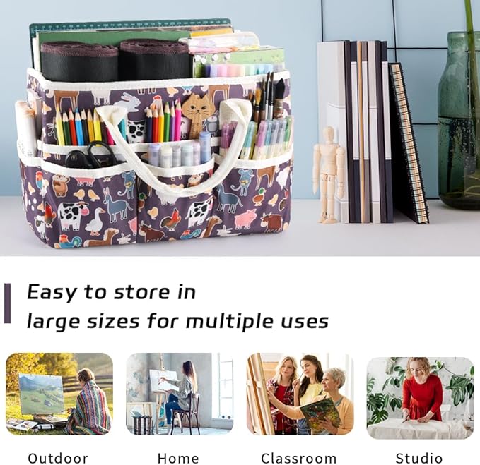 E-WEICHEN Craft Organizer Tote Bag Art Storage Caddy with Multiple Pockets Containers for Art,Craft,and Office Supplies Storage.Purple animals